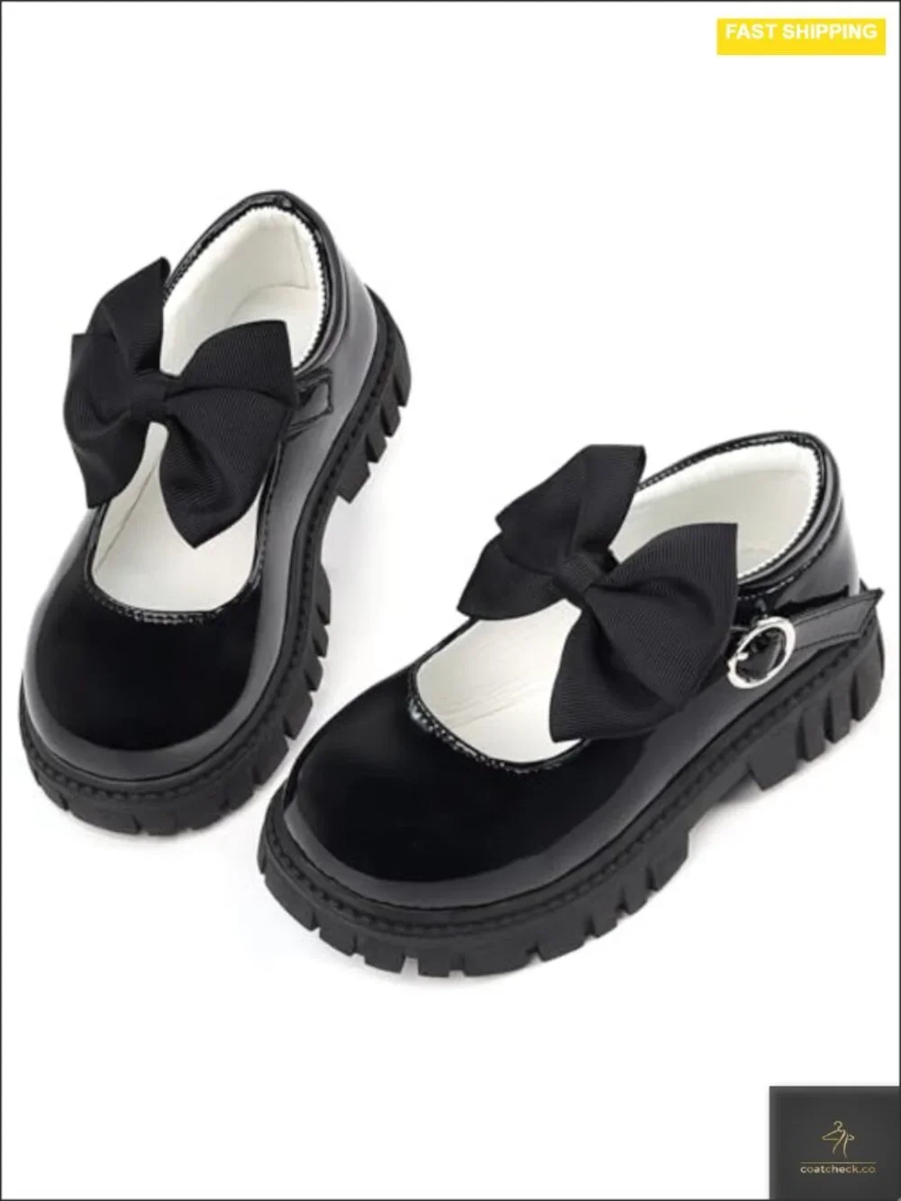 Girls Mary Jane Flats with Bow, Non-Slip Sole, Hook & Loop Closure, Round Toe